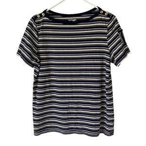 Kim Rogers Striped Knit Short Sleeve Shirt Size Medium Petite Gold Button Pocket